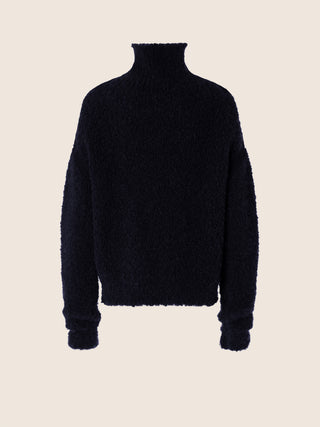 Pullover mit hohem Kragen in blauem Bouclé-Gewebe aus Alpakagemisch mit Wolldetails 2
