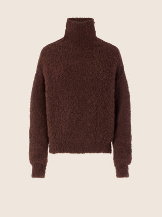 Pullover mit hohem Kragen in braunem Bouclé-Gewebe aus Alpakagemisch mit Wolldetails 1