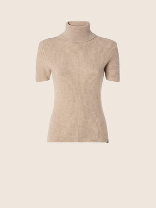 Short-Sleeve Turtleneck Sweater in Beige Melange Ribbed Cashmere