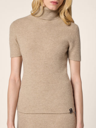 Pull à col roulé en cachemire à côtes anglaises beige chiné 4