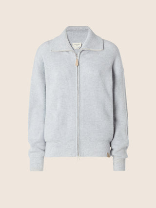 Strickjacke aus Kaschmir mit englischem Rippenmuster in meliertem Hellgrau 1