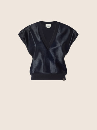 Vest in Navy Blue Wool and Silk Fabric with Calf-Hair Insert 1
