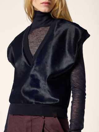 Vest in Navy Blue Wool and Silk Fabric with Calf-Hair Insert 4