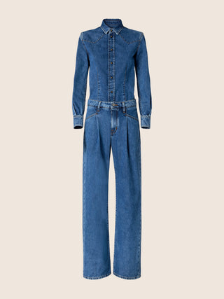 Jumpsuit in Medium Blue Denim with Stone Wash