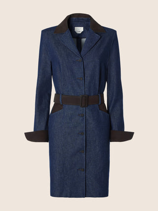 Short Dress in Dark Blue Cotton Denim with Stone Wash