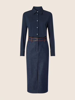 Tea-Length Dress in Wool-Cashmere and Dark Blue Cotton Denim with Rinse Wash