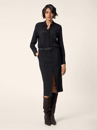 Tea-Length Dress in Black Silk Crêpe de Chine and Wool Satin 2