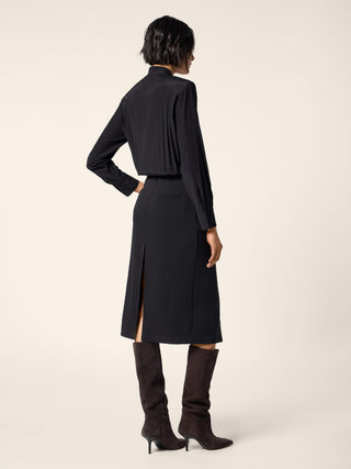 Tea-Length Dress in Black Silk Crêpe de Chine and Wool Satin 3