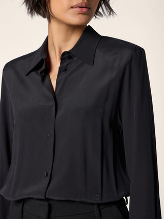 Tea-Length Dress in Black Silk Crêpe de Chine and Wool Satin 4