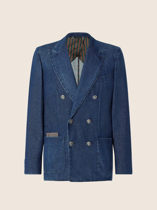 Double-Breasted Blazer in Dark Blue Light Cotton Denim with Stone Wash 1
