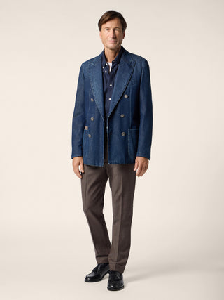 Double-Breasted Blazer in Dark Blue Light Cotton Denim with Stone Wash 2