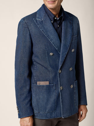 Double-Breasted Blazer in Dark Blue Light Cotton Denim with Stone Wash 4