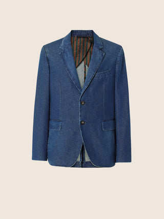 Single-Breasted Blazer in Medium Blue Light Cotton Denim with Stone Wash 1