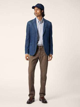 Single-Breasted Blazer in Medium Blue Light Cotton Denim with Stone Wash 2