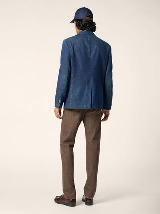 Single-Breasted Blazer in Medium Blue Light Cotton Denim with Stone Wash 3