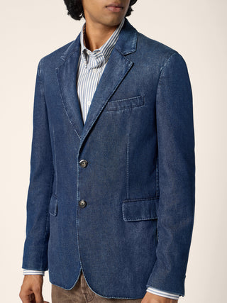 Single-Breasted Blazer in Medium Blue Light Cotton Denim with Stone Wash 4