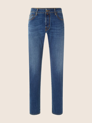 Bard Regular-Slim 5 Pocket Jeans in Light Blue Stretch Denim with Vintage Wash 1