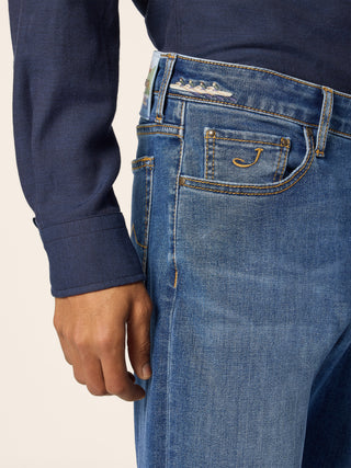 Bard Regular-Slim 5 Pocket Jeans in Light Blue Stretch Denim with Vintage Wash 7