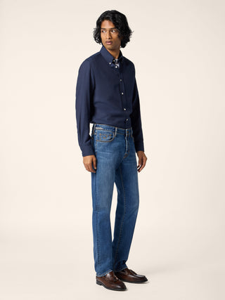 Bard Regular-Slim 5 Pocket Jeans in Light Blue Stretch Denim with Vintage Wash 3