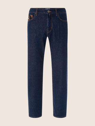 Edo Regular-Straight 5 Pocket Jeans in Dark Blue Cotton and Lyocell Comfort Denim with Rinse Wash 1