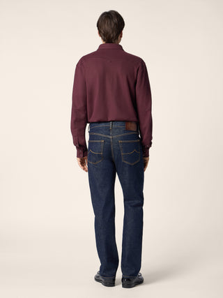 Edo Regular-Straight 5 Pocket Jeans in Dark Blue Cotton and Lyocell Comfort Denim with Rinse Wash 4