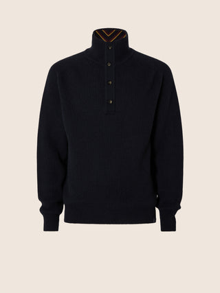 Sweater in Navy Blue Ribbed Cashmere with Regimental Collar 1