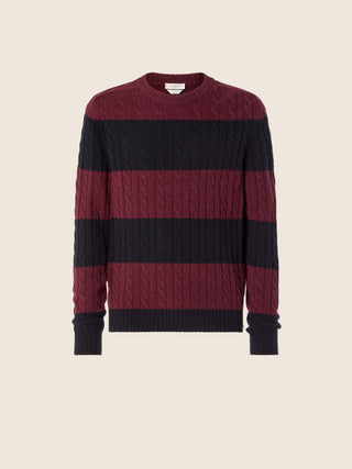 Crewneck Sweater in Cable-Knit Navy Blue and Burgundy Cashmere 1