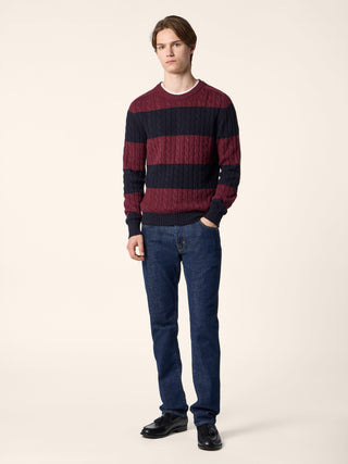 Crewneck Sweater in Cable-Knit Navy Blue and Burgundy Cashmere 2