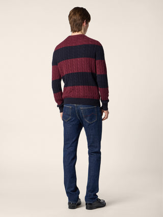Crewneck Sweater in Cable-Knit Navy Blue and Burgundy Cashmere 3