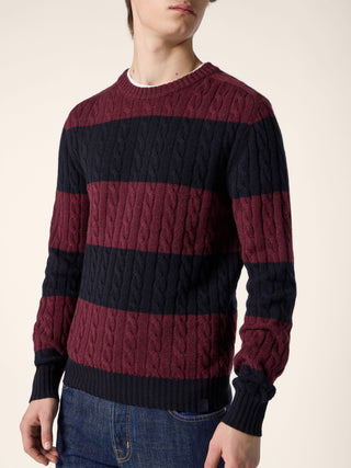 Crewneck Sweater in Cable-Knit Navy Blue and Burgundy Cashmere 4