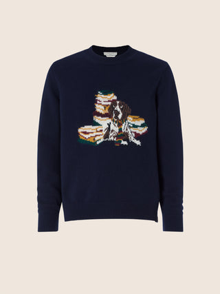 Sweater in Navy Blue Virgin Wool and Cashmere with Jacquard Motif 1
