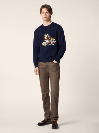 Sweater in Navy Blue Virgin Wool and Cashmere with Jacquard Motif 2