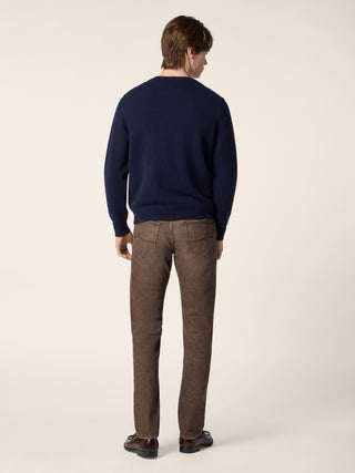Sweater in Navy Blue Virgin Wool and Cashmere with Jacquard Motif 3