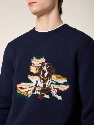 Sweater in Navy Blue Virgin Wool and Cashmere with Jacquard Motif 4