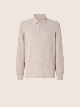 Long-sleeve Polo Shirt in Beige Wool and Cotton Jersey Piquet 1