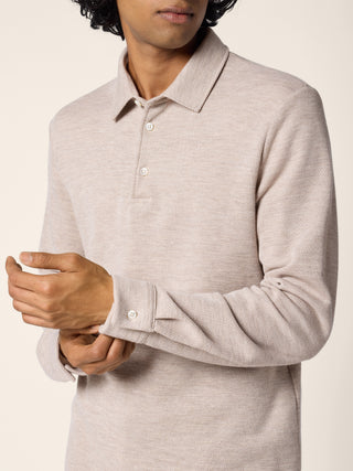 Long-sleeve Polo Shirt in Beige Wool and Cotton Jersey Piquet 4