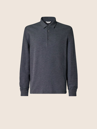 Long-sleeve Polo Shirt in Teal Blue Wool and Cotton Jersey Piquet 1