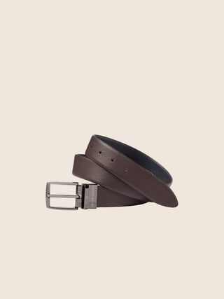 Reversible Belt in Brown and Dark Blue Grained Leather and Nappa