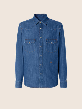 Lightweight Western Shirt in Medium Blue Denim with Rinse Wash