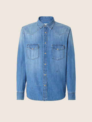 Lightweight Western Shirt in Light Blue Denim with Stone Wash 1