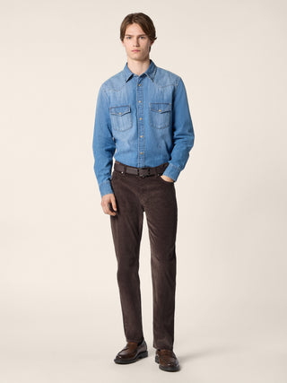Lightweight Western Shirt in Light Blue Denim with Stone Wash 2