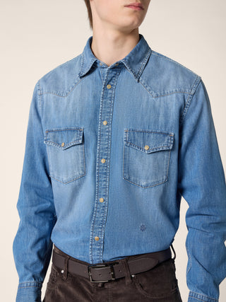 Lightweight Western Shirt in Light Blue Denim with Stone Wash 4