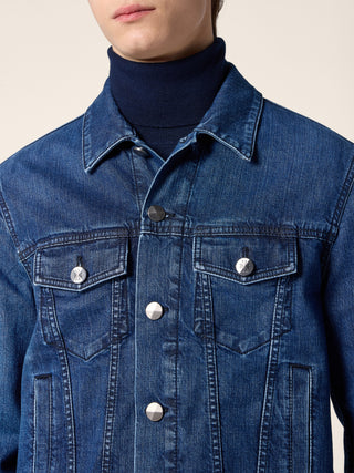 Trucker Jacket in Medium Blue Kodenshi® Stretch Denim with Stone Wash 4