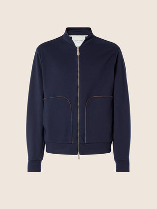 Zipped Sweatshirt in Navy Blue Melange Cotton and Cashmere Cashisland 1