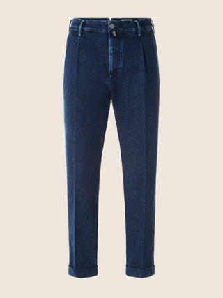 Henry Slim Chino Pants in Dark Blue Cotton and Cashmere Denim With Rinse Wash
