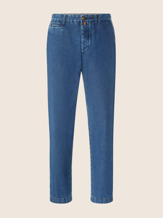 Justin Straight Chino Pants in Medium Blue Cotton Denim With Stone Wash