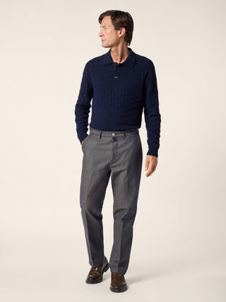 Justin Straight Chino Pants in Blue Melange Wool and Cotton Denim-Effect Fabric 2
