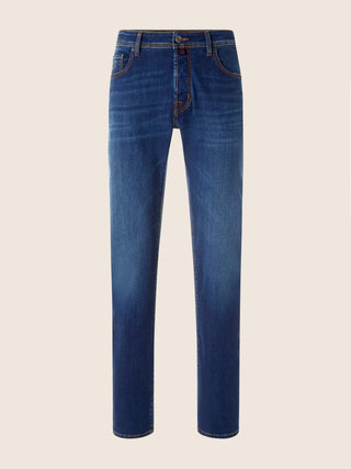Bard Regular-Slim 5 Pocket Jeans in Medium Blue Super Stretch Denim with Vintage Wash