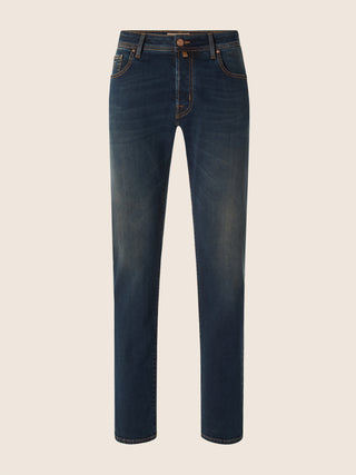 Bard Regular-Slim 5 Pocket Jeans in Dark Blue Stretch Denim with Vintage Wash