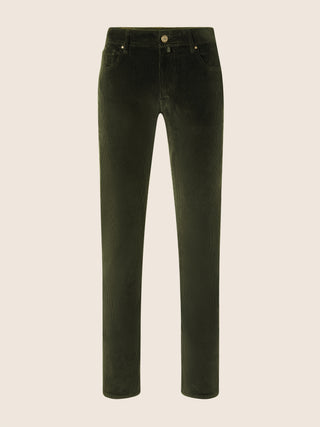 Bard Regular-Slim 5 Pocket Pants in Algae Green Stretch Cotton Corduroy
